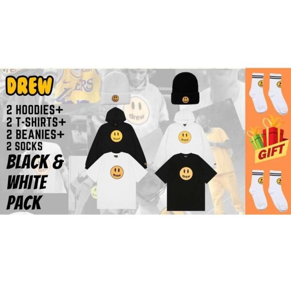 Drew Black & White Pack: 2 Hoodies (A32) + 2 T-Shirts (A43) + 2 Beanies + FREE Socks